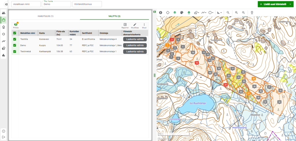 ForestKIT käyttöliittymä uudistettu taulukkomainen kiinteistölista